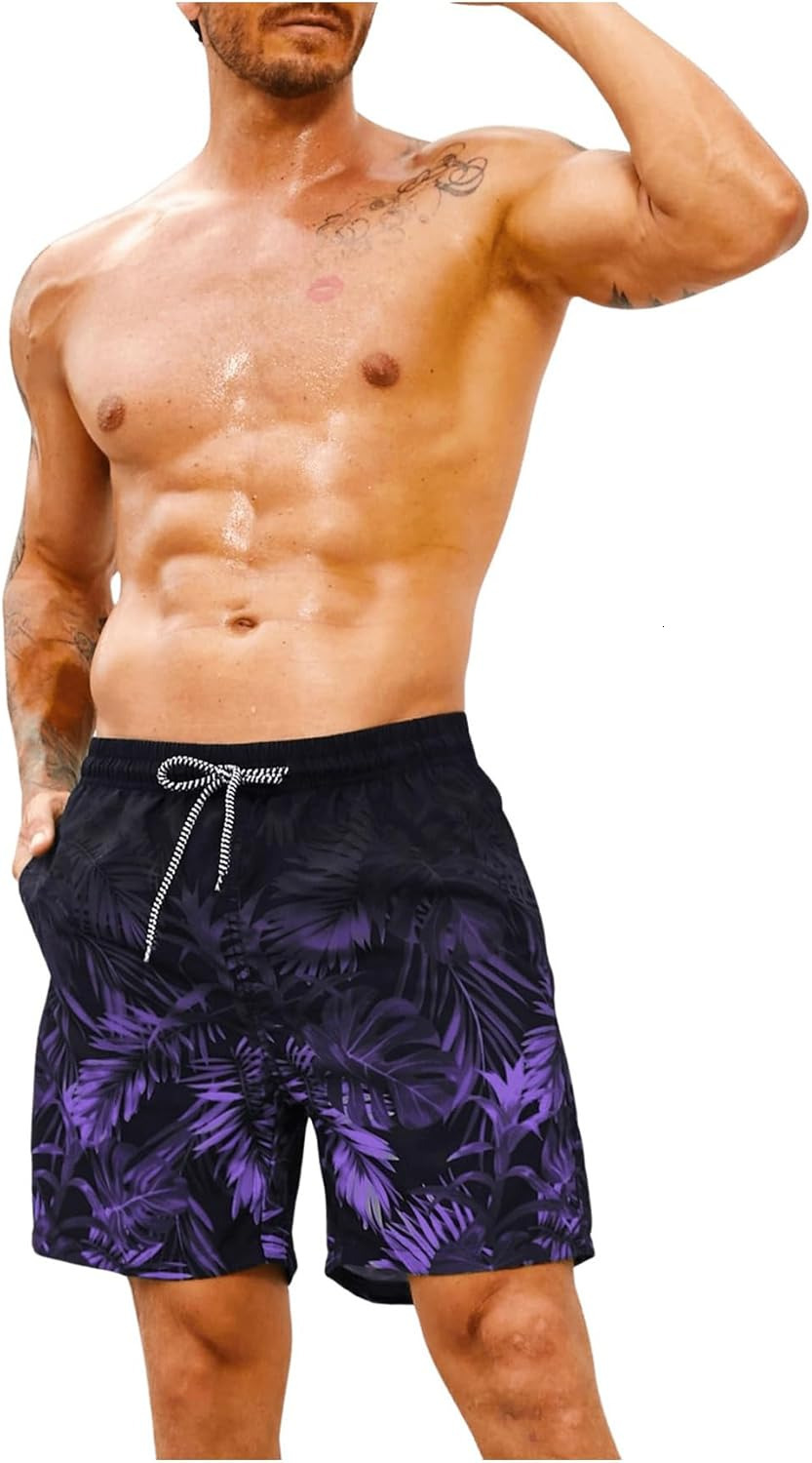 Men's Tropical Print Drawstring Waist Swim Trunks Beach Shorts Printed fashionable beach shorts