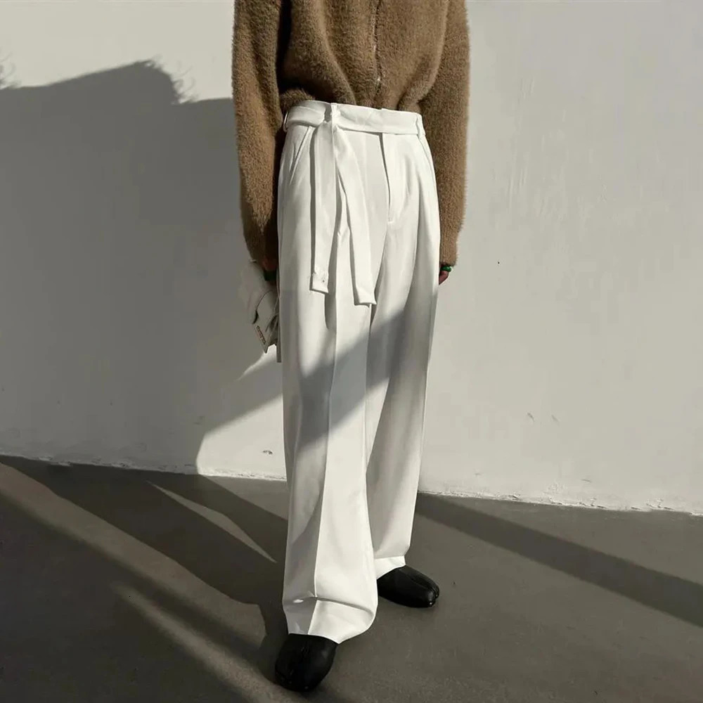 Harajuku Belted Suit Pants Mens Fashion Oversize Casual Trousers French Loose Wide Leg Streetwear Male Blazer 250313