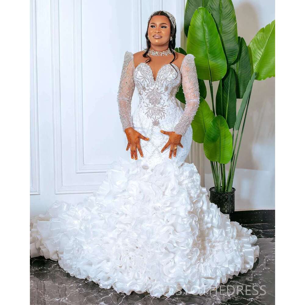 Personalized Illusion Collar High Beads Handmade Pearls Mermaid Detachable Skirt Cascading Ruffles Wedding Dress