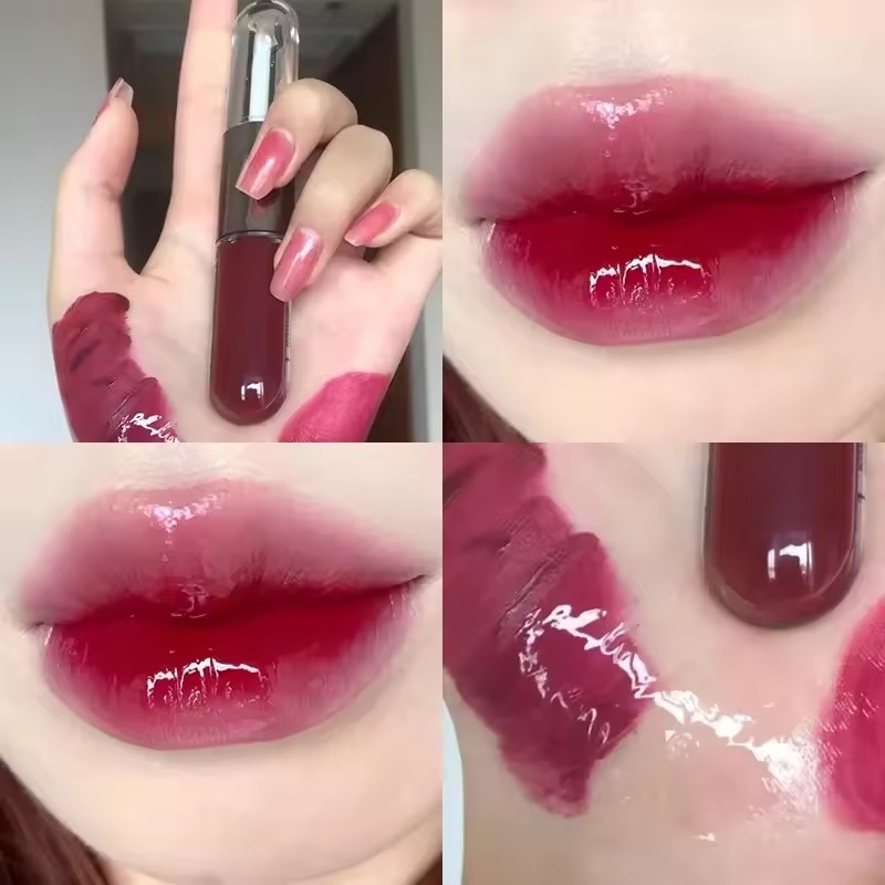 Double head lip glaze milk tea color lipstick, transparent mirror surface, long-lasting non-stick cup water gloss lip gloss