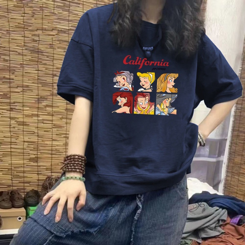 Navy Blue Shoulder Short For Women's Summer 2025 New European Style Large Edition Loose Half Sleeved T-Shirt Top