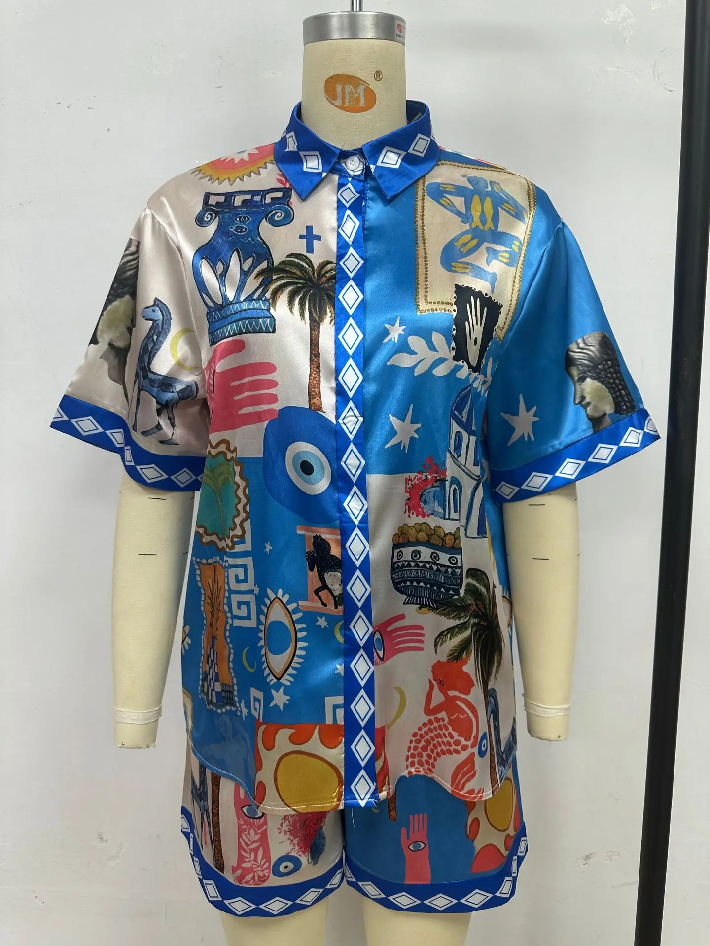 Bohemian satin retro print loose twopiece set womens casual short sleeved shirtshorts summer beach clothing 250313