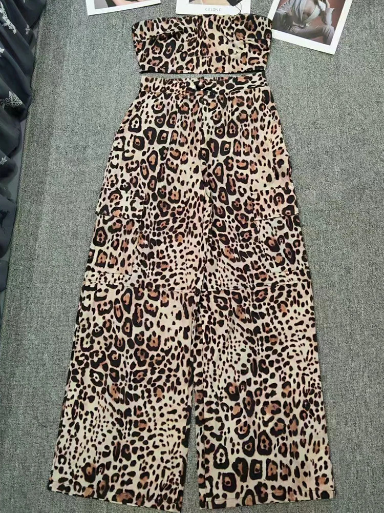 Retro leopard print sexy bust unfolded twopiece set for spring womens clothing high waist wide leg pants fashion 250313