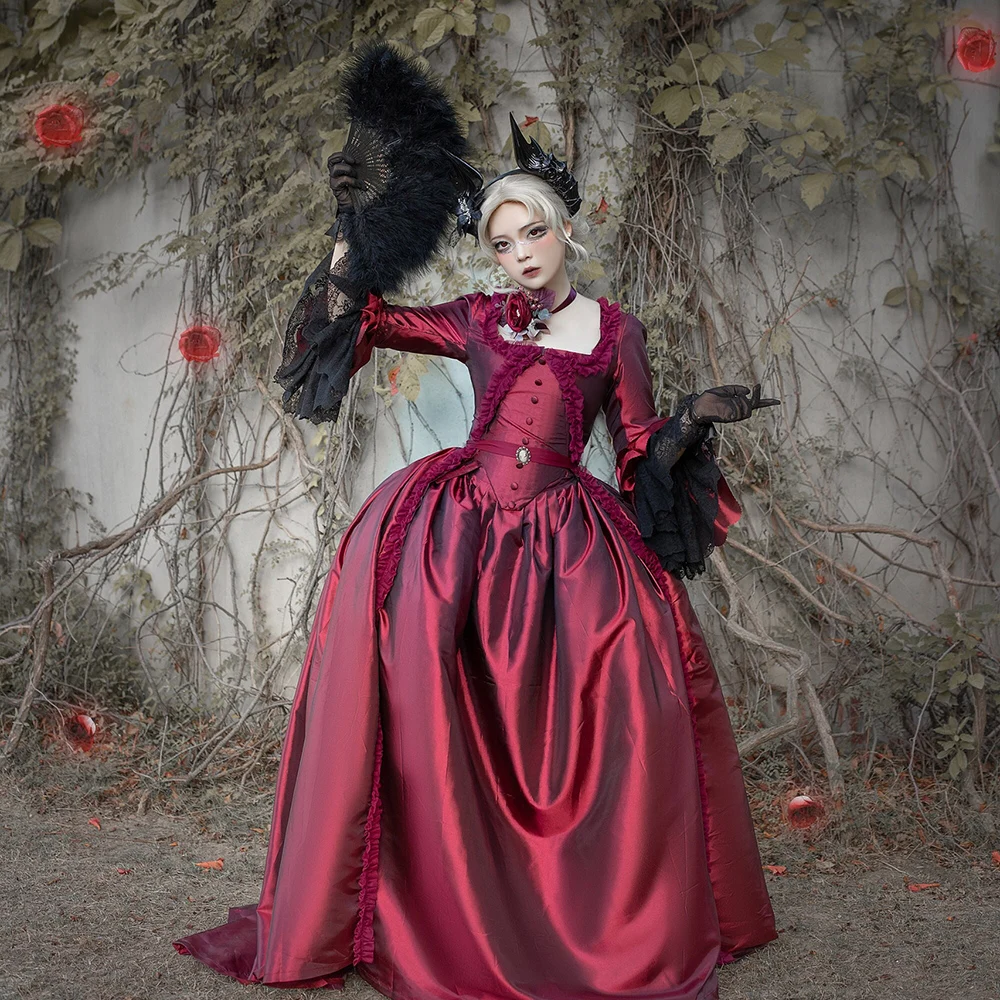 Gothic Burgundy And Black Prom Dresses Flare Sleeves Square Collar Vintage Baroque Rococo Special Occasion Ball Gown Medieval Renaissance Women Evenin