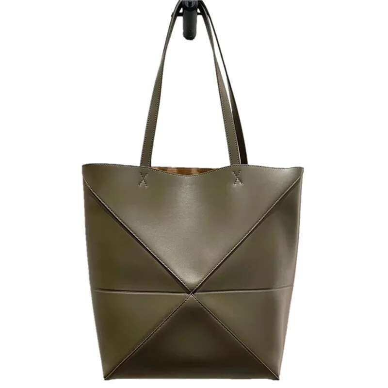 New Large Capacity Foldable Geometric Tote Genuine Cow Leather Puzzlefold Handbag Bucket Bag For Women