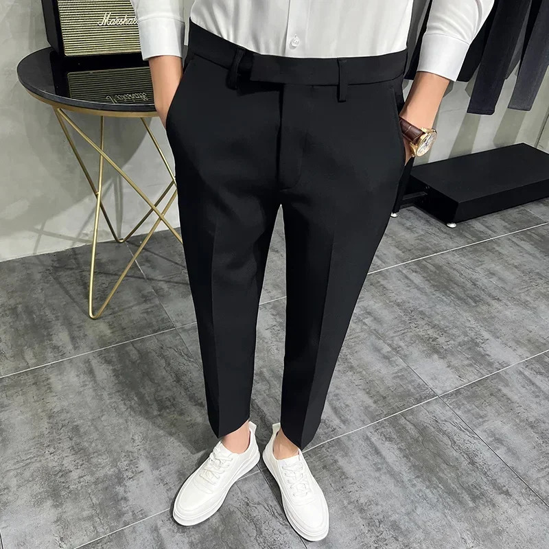 Mens Dress Pants Summer Fashion Dark Green Suit Pure Color Business Slim Fit Office Tight Cropped Trousers 250313