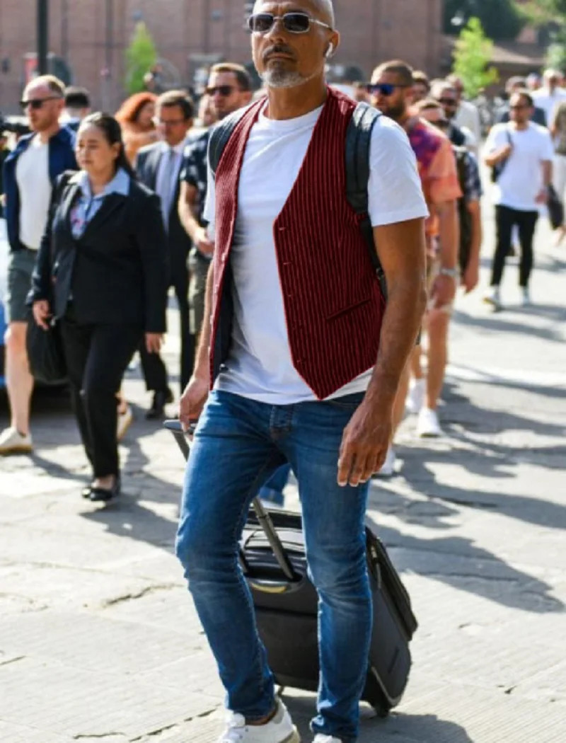 summer mens striped suit vest retro business slim fit vest sleeveless single breasted V-neck short vest jacket 250310