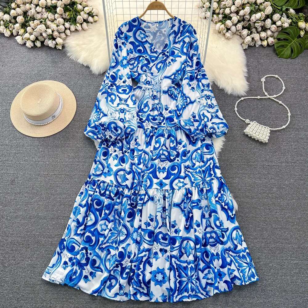 Chic Print Elegant Women Long Sleeve Lace Up Loose Maxi Dress A-E High Waist Holiday Party Female New Autumn Fashion Robe Za