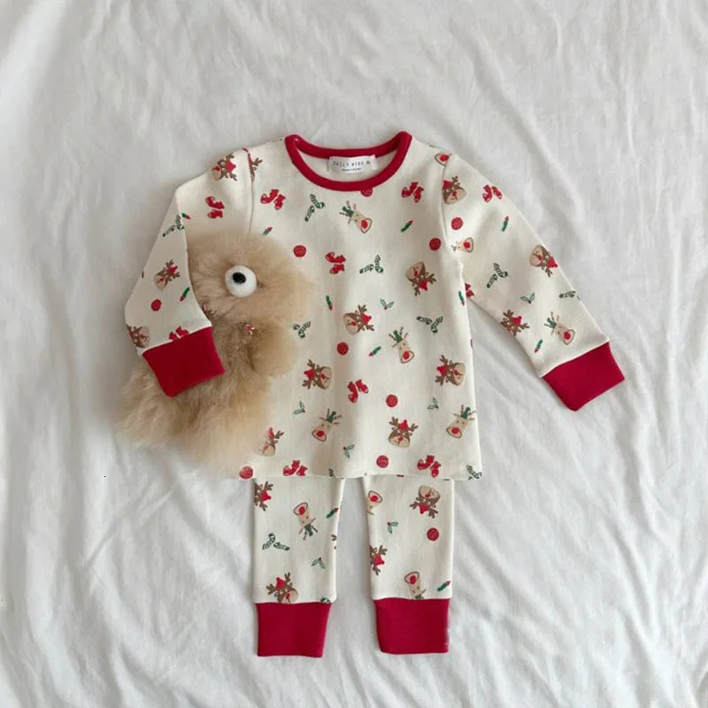 Spring Baby Clothing Christmas Pajamas Baby Deer Printed Bottom Shirt Pants 2PCS Set Preschool Year Pajamas Set 250314