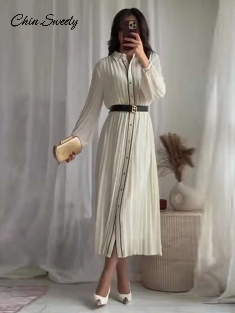 Elegant White Pleat Dress Women Belt Lapel Long Sleeve Single-Breasted Dresses 2025 Spring Summer Lady High Street Robes