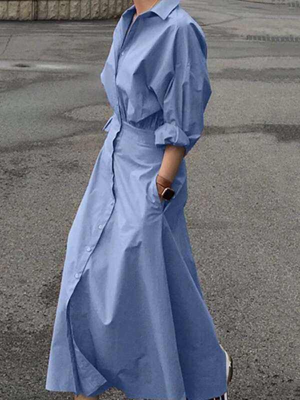 Modigirl Summer Long 2025 Spring Fall Clothes Blue Puff Sleeves Botton Simple Casual Maxi Shirts Dresses For Women