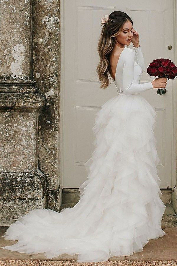 Ruffled A-Line White Wedding Dresses Backless Long Sleeves Boho Bridal Gown Simple A-Line Tiers Tulle Bride Dress Custom Made