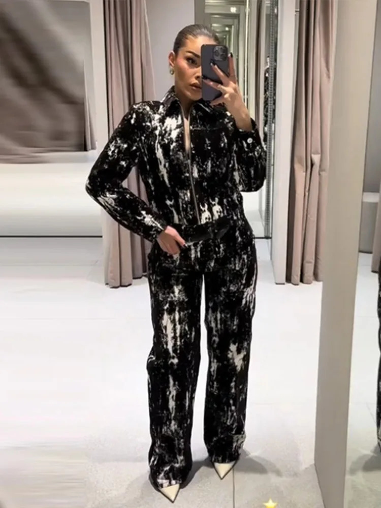 Printed zipper jacket straight pants set for womens casual retro collar high waisted fashion 250313
