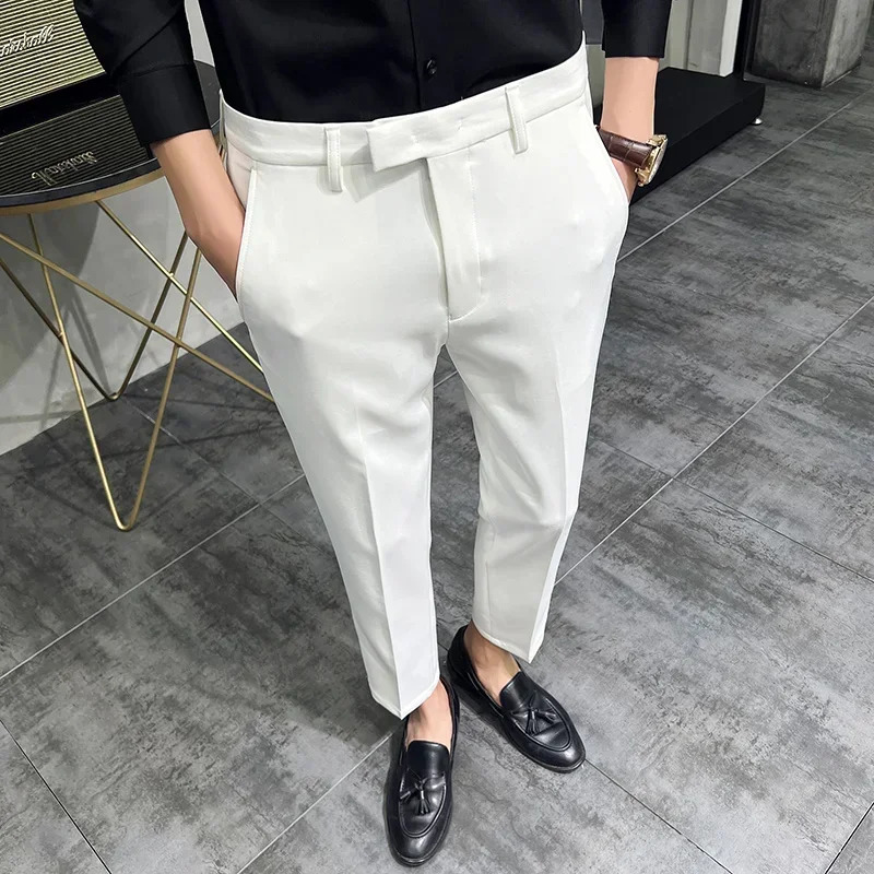 Mens Dress Pants Summer Fashion Dark Green Suit Pure Color Business Slim Fit Office Tight Cropped Trousers 250313