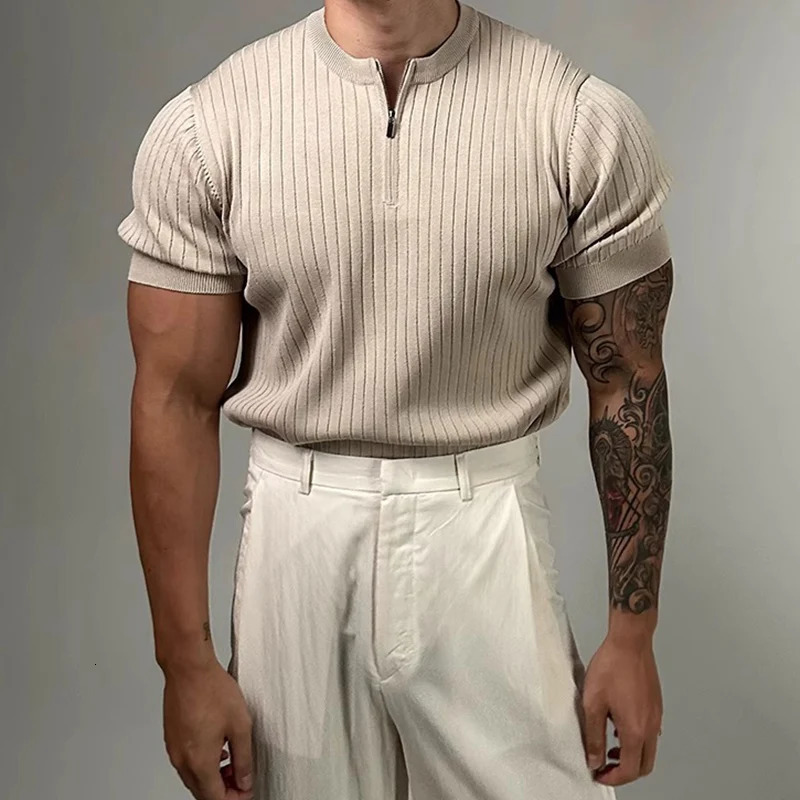Trendy Mens Slim Short Sleeve Knit Tops Spring Summer Fashion Crew Neck Zipper Knitted Tshirts Men Vintage Solid Color Pullover 250312