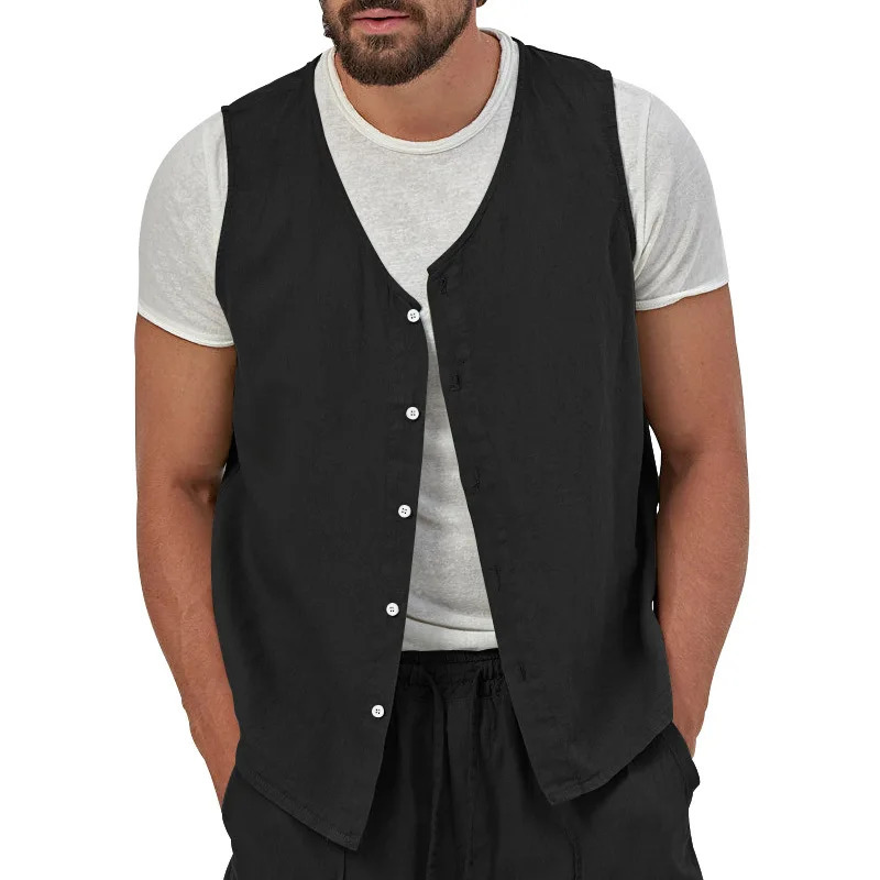 Mens Spring and Summer Thin Single Breasted Casual Solid Color Cotton Linen Youth Sleeveless Vest Coat 250310