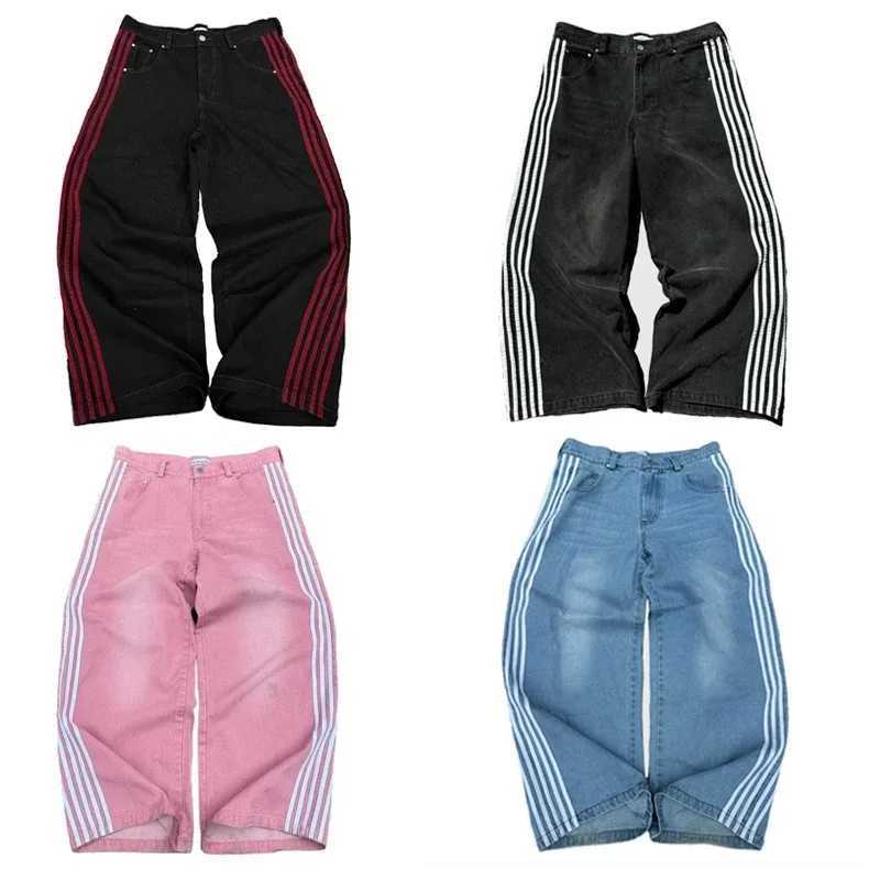Y2K Baggy jeans Harajuku retro striped embroidered high-quality sports pants mens hip-hop casual wide leg street jeansT250319