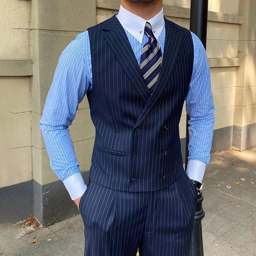 British Style Business Mens Striped Suit Vest Retro Double-breasted Elegant Slim Lapel Casual Mens Vest Retro Waistcoat Trendy 250310