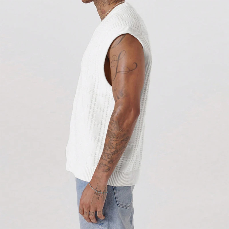 Fashion Hollow Out Mens Knitting Tank Tops Summer Trendy Loose Sleeveless Button V Neck Vest Men Cardigans Streetwear Camisoles 250310