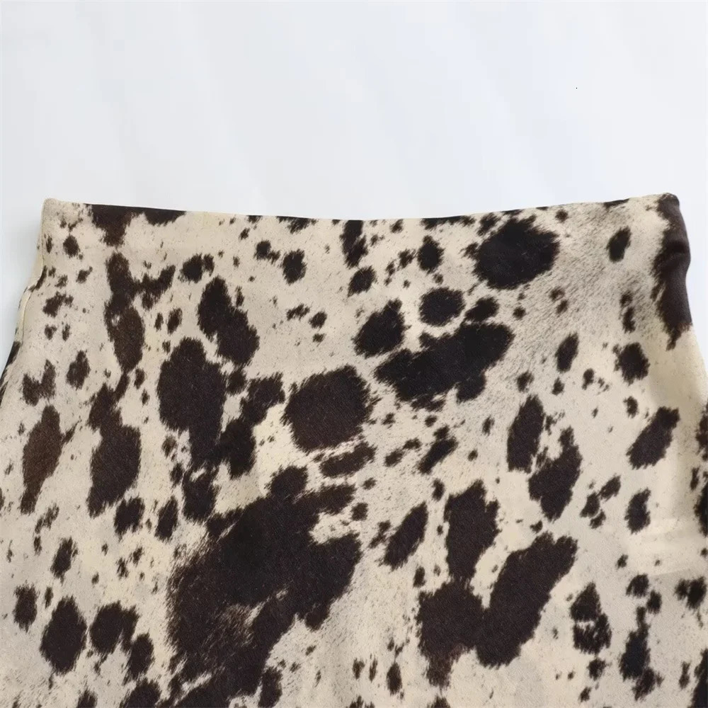 ZAR4 Spring Summer Womens Fashion niche animal print silk satin texture high waisted midi skirt 250310