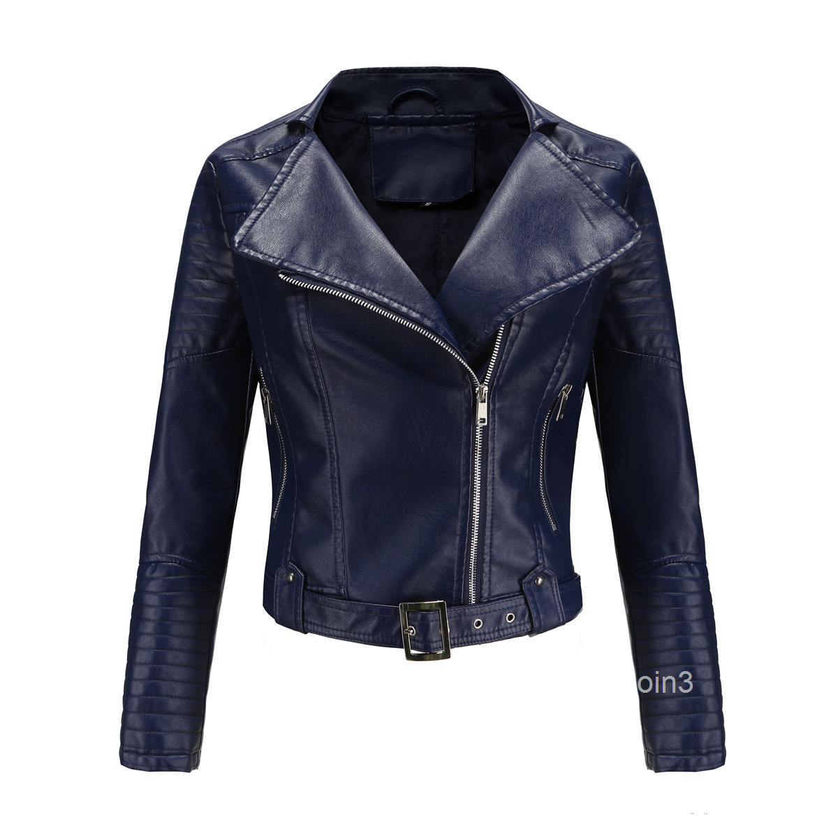 Fashion Womens Leather Clothes Long Sleeved Zipper Turned Tie Belt Short Motorcycle Clothes Autumn Winter Coat Women