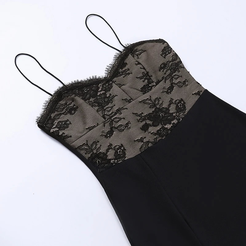 Autumn And Winter Sexy Black Lace Dress Date Night Outfits for Women Spaghetti Strap Backless Split Midi Dress French Style 250314