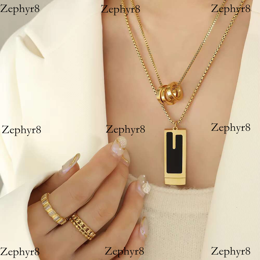 2025 model New Fashion Punk Design 316L Stainless Steel Ring Square Pendant Double Layer Chain Necklace Women P1380
