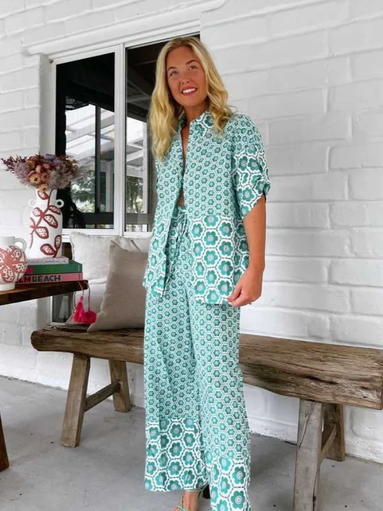 Bohemia Floral Print Loose Beach Pants Sets Women Causal Short Sleeve Shirts Two Piece Female Summer Outfits Streetwear 250313