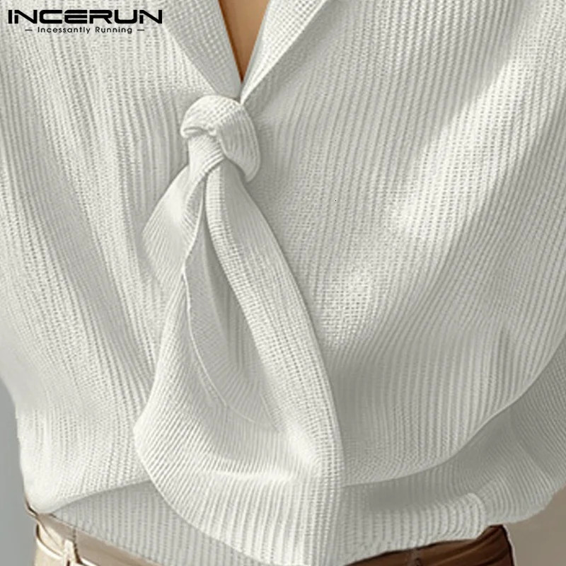 INCERUN Tops Korean style mens casual simple texture tie shirt for autumn and winter fashion mens long sleeved shirt S-5XL 250314