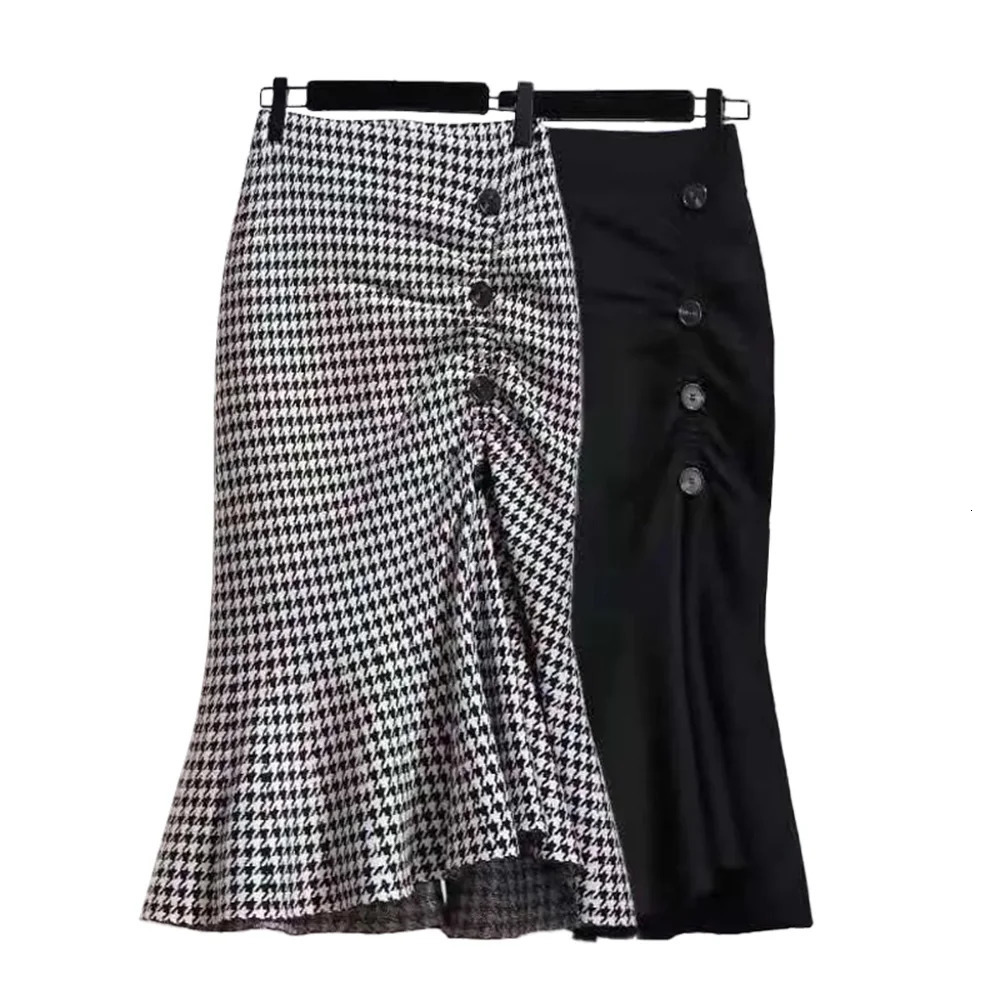 Trumpet Houndstooth Vintage High Waist Buttons Womens Skirt Mermaid MidCalf Long Skirts For Women Clothing Fashion 250310