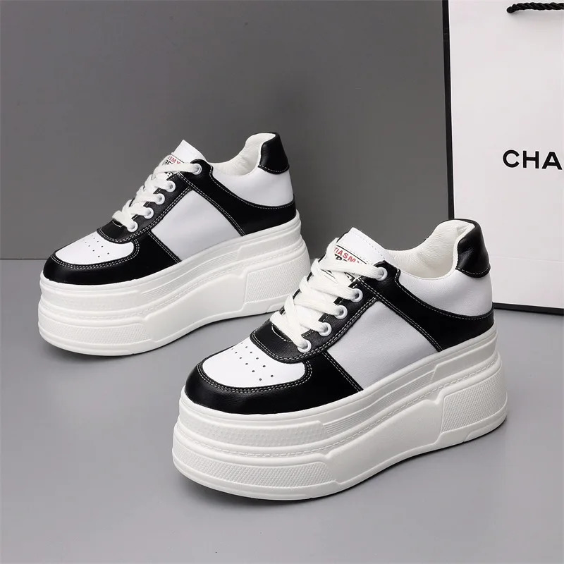 Womens sports shoes Spring Fashion 10CM highly enhanced leather casual shoes white wedge platform shoes Tenis De Mujer 250310