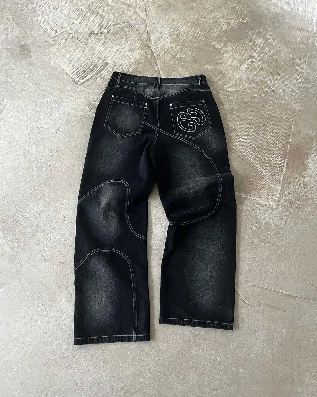 Street washed punk vintage men patchwork jeans Y2K fashionable loose fitting Gothic high waisted Harajuku straight leg pantsT250319