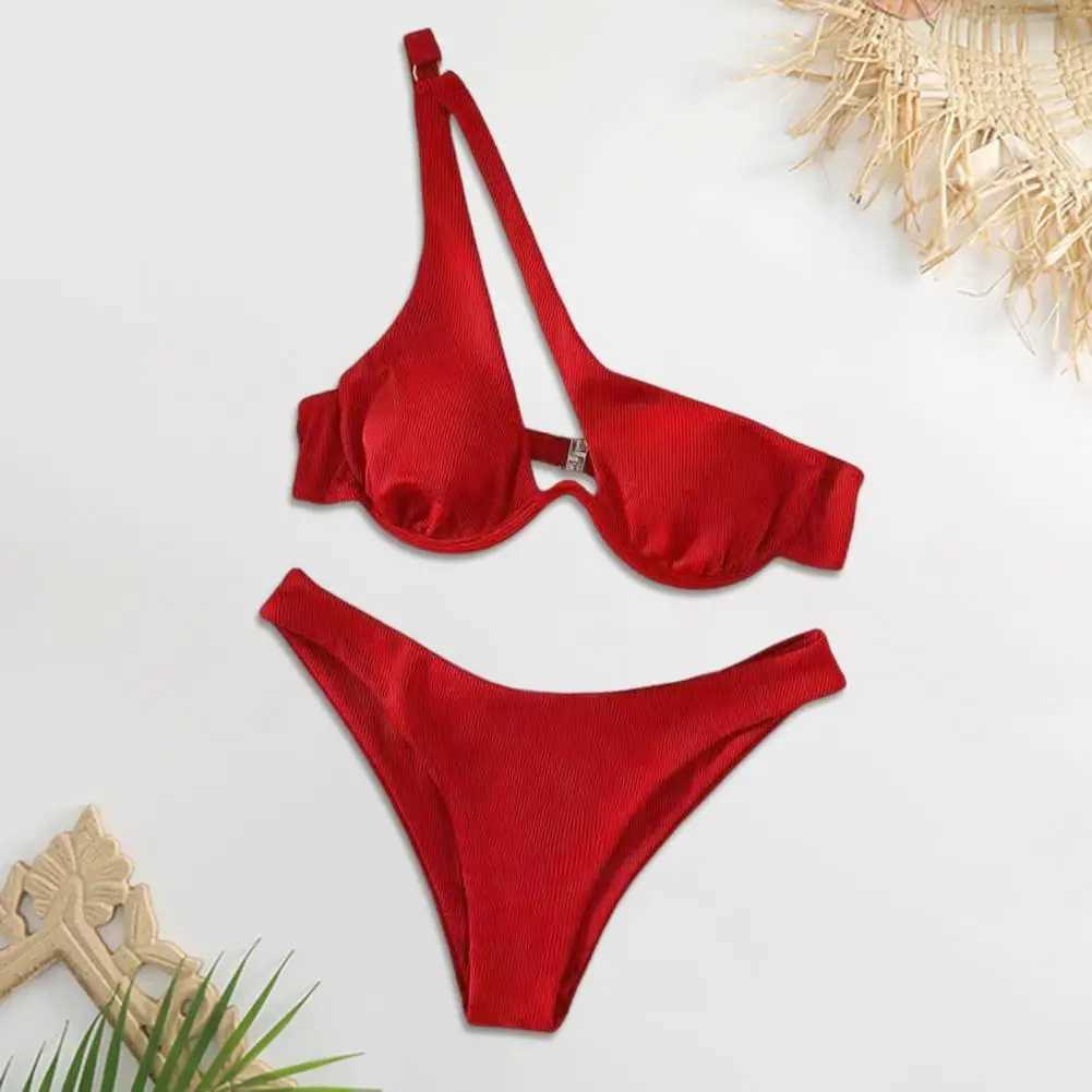 Two piece swimsuit set fashionable one shoulder bikini set with high waist hem womens solid color swimsuitXJ250315