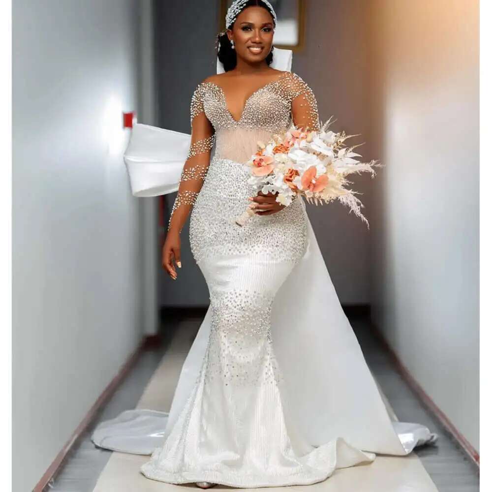 Custom Spoon Neck Shiny Pearls Beads For Long Sleeves Removable Layered Skirt Wedding Dress
