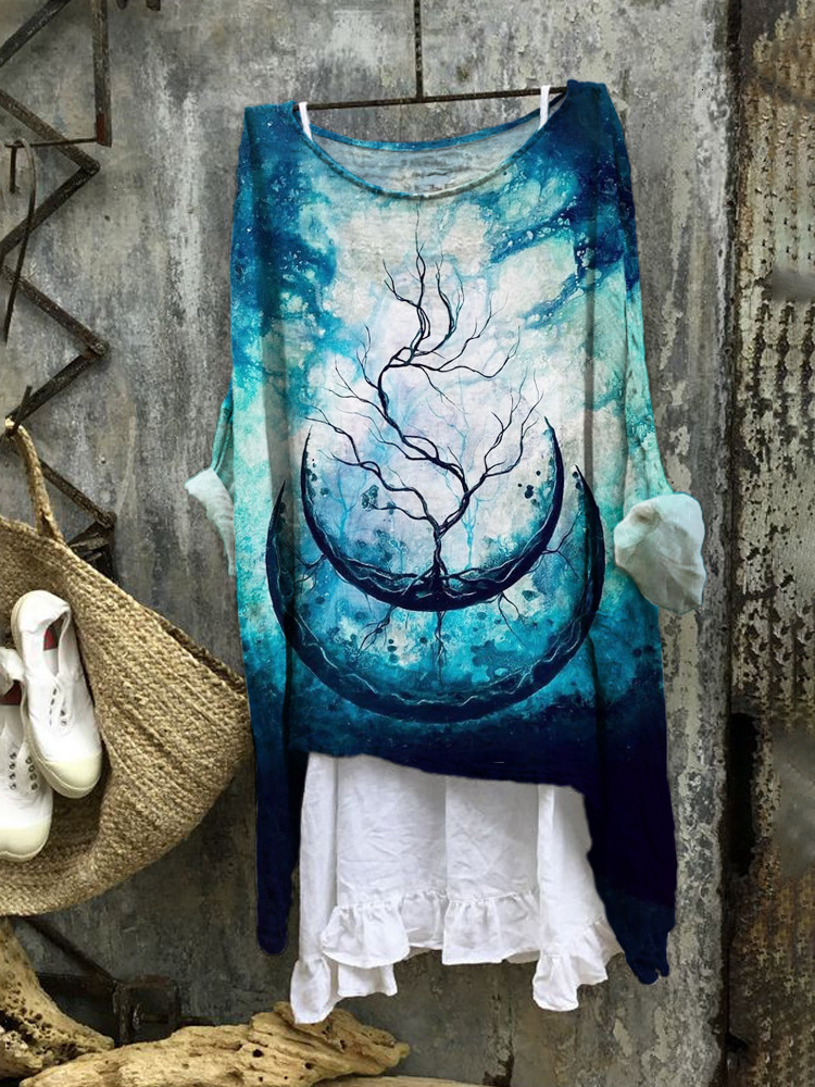 New Casual Long Sleeved Loose 3D Digital Printed Women's Round Neck Pullover T-Shirt Single Piece
