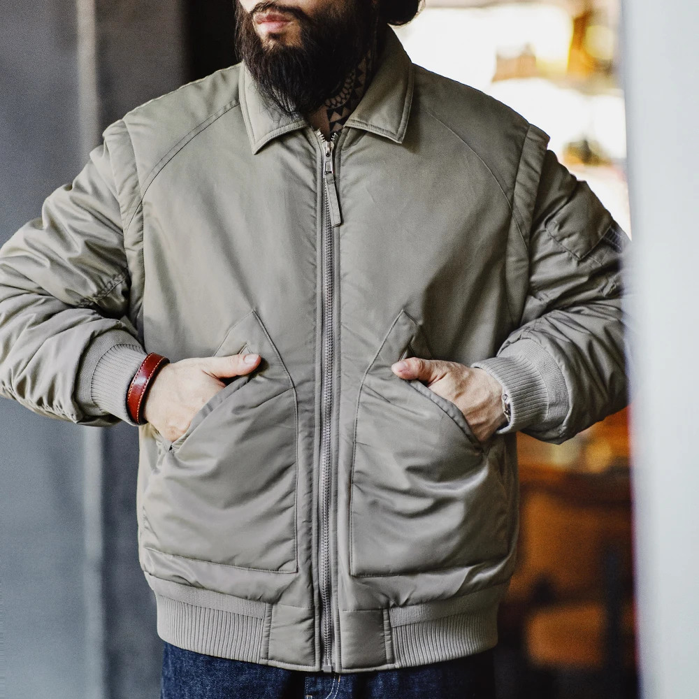 Maden Retro CWU45P Pilot Jacket Grey Green Warm Cotton Lined Flip Collar Casual Mens AutumnWinter 250313