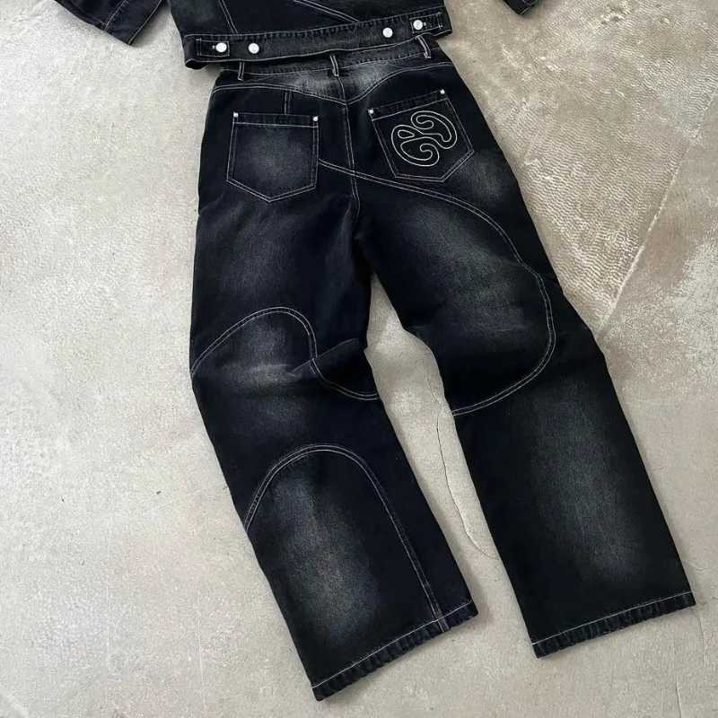 Street washed punk vintage men patchwork jeans Y2K fashionable loose fitting Gothic high waisted Harajuku straight leg pantsT250319