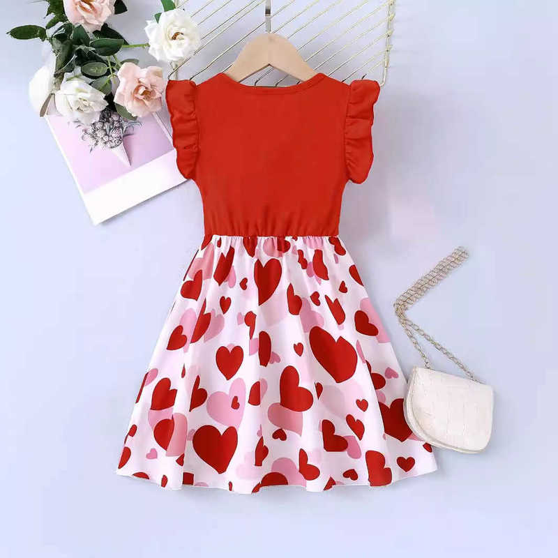 Girl's Dresses New girls' dress, children's knitted small fly sleeve printed heart round neck dress, casual dress