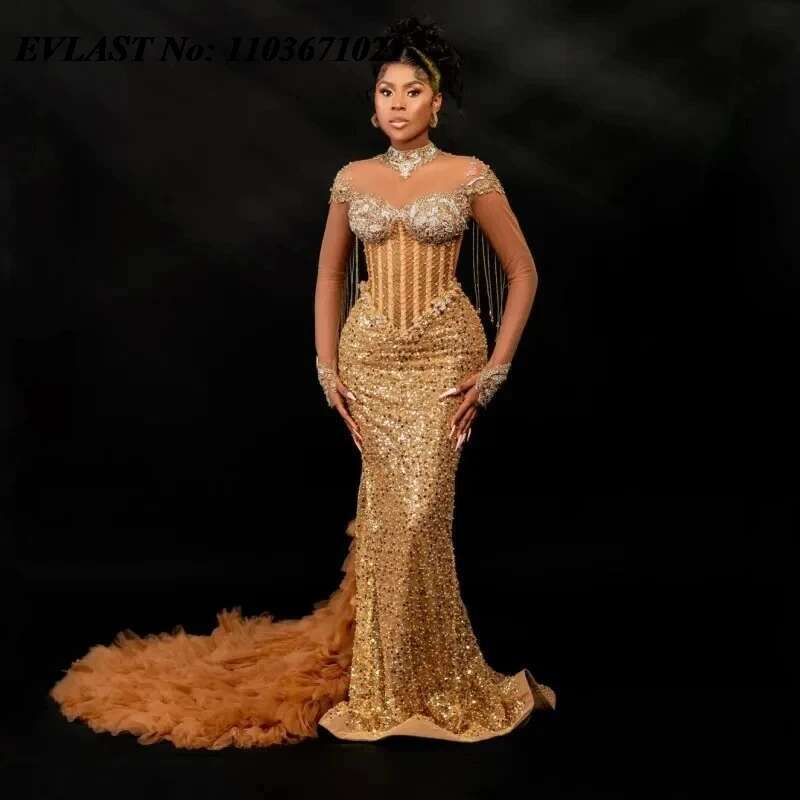 Evolt Custom Gold Beaded African Lace Ball Gown Long Sleeve Tassels Mermaid Evening Tulle Ruffles Party Dress prom
