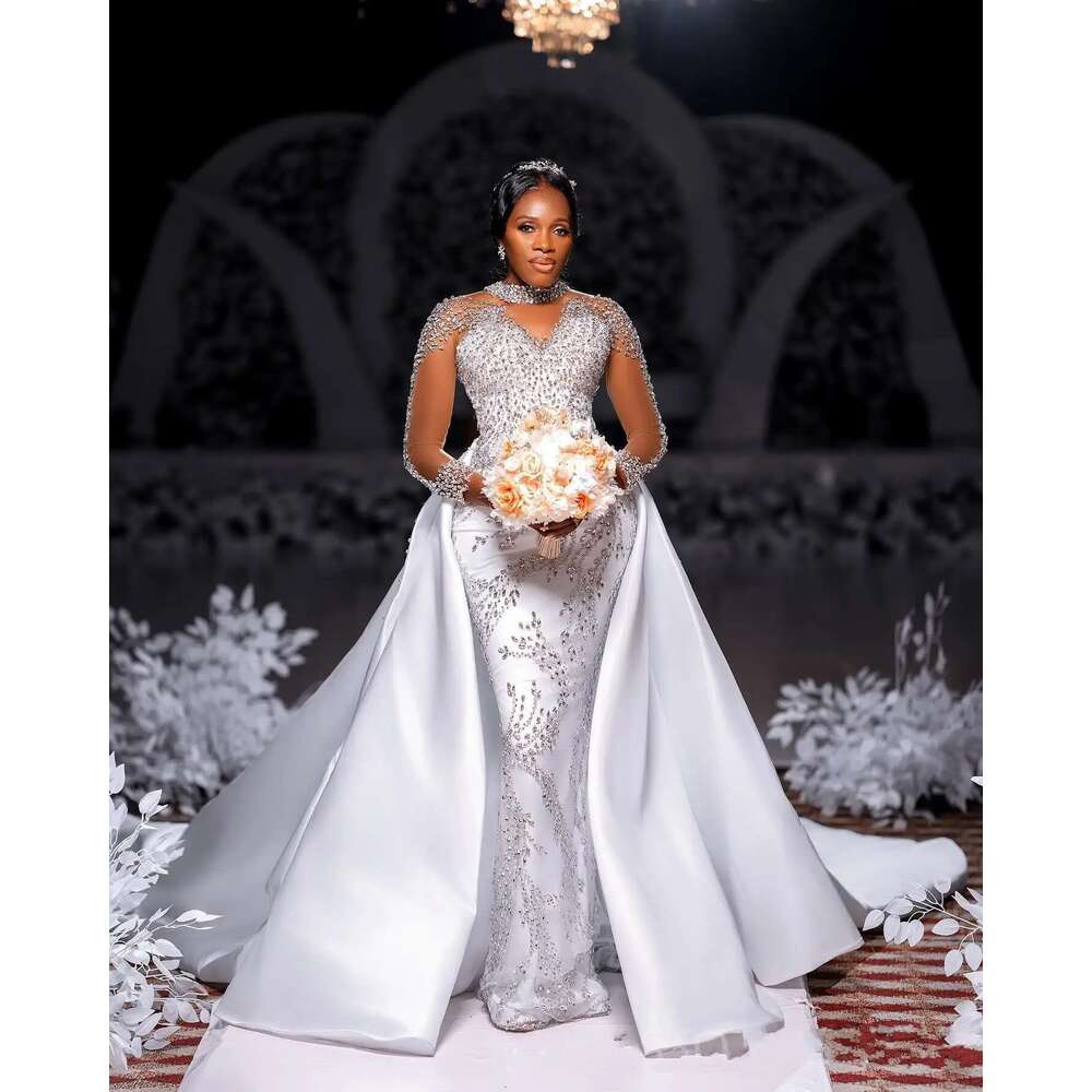 Custom Sparkle Crystals Heavy Beads Mermaid Dress With Removable Satin Skirt Full Sleeves Button Back Wedding Dresses