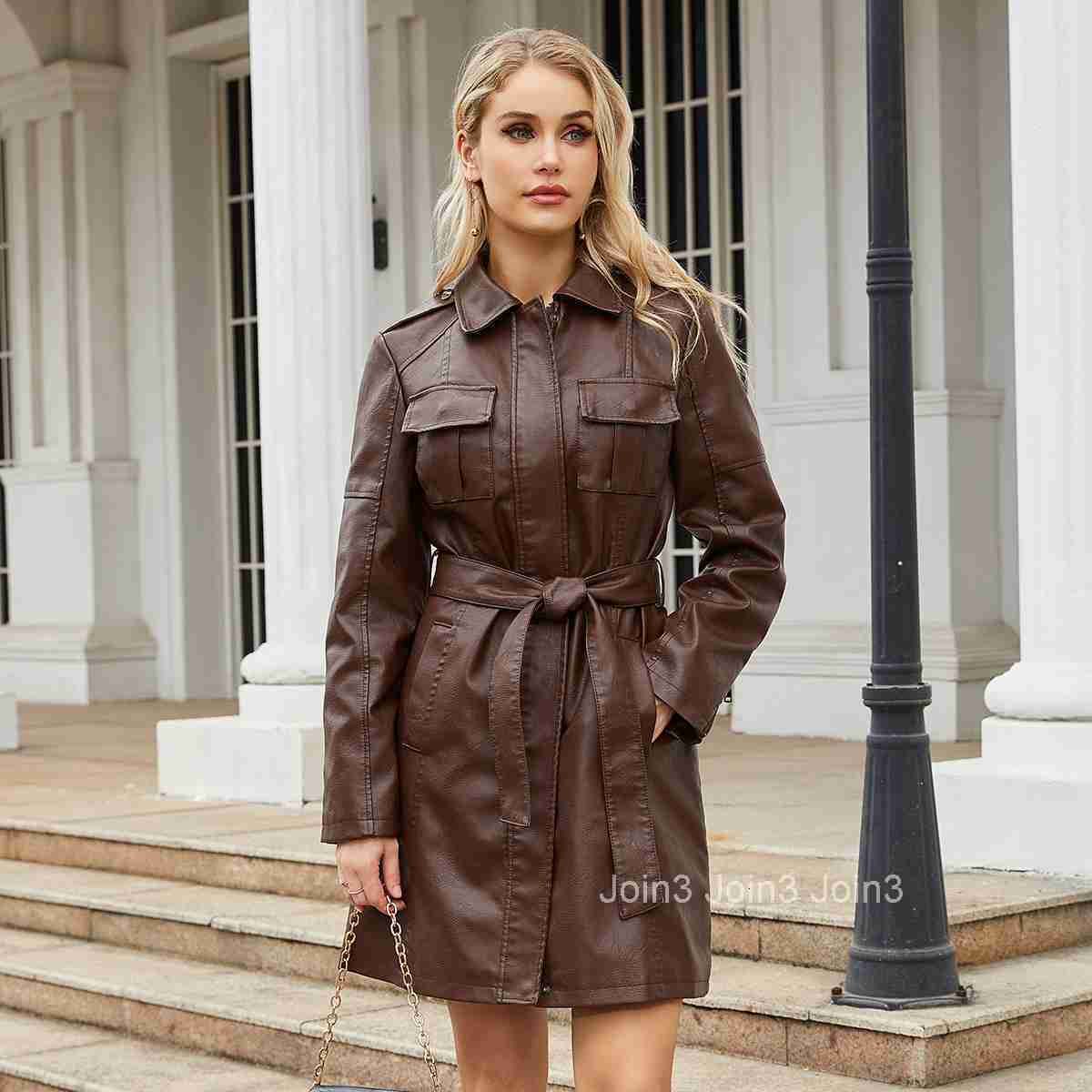 Fashion New Mid Length Leather Jacket with Belt Spring and Autumn Long Sleeved Leather Windbreaker Fashionable British Jacket Womens 6652