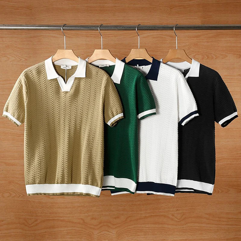 Fashionable contrasting color knitted polo shirt mens spring and summer casual lapel top retro short sleeved jumper 250312