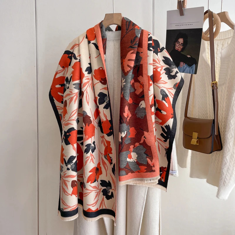 Fashion Warm Poncho Cashmere Winter Women Scarf Floral Print Shawl Wraps Female Thick Pashmina Blanket Travel Scarf 250314