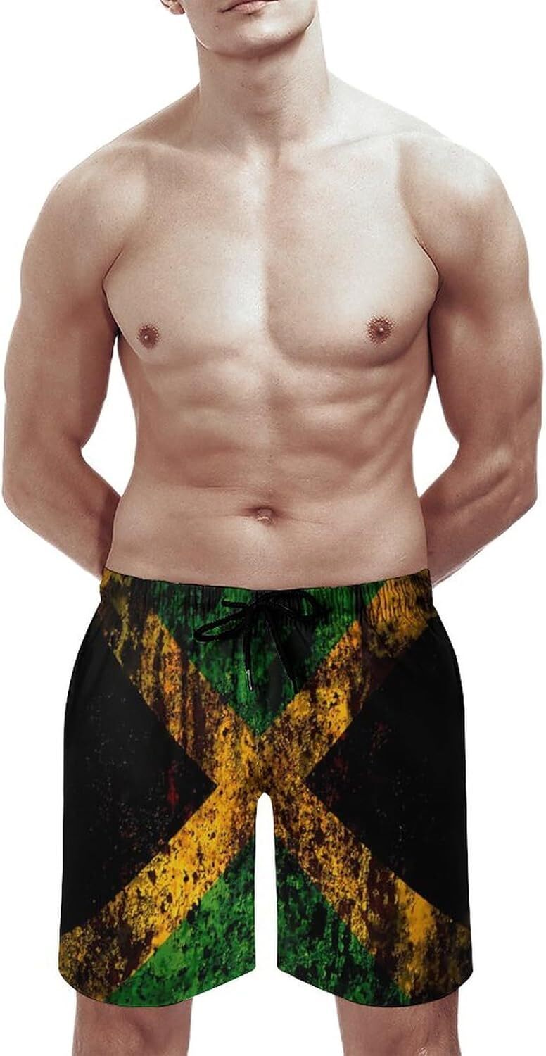 Jamaican Flag Swim Trunks Mens Bathing Suit Daily Swimming Shorts Men's Swim Suits with Pockets Printed fashionable beach shorts