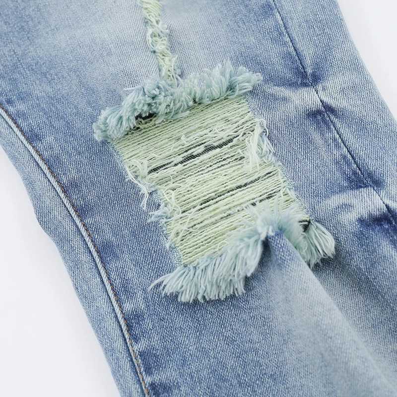 2025 Fashion New Purples Mens Jeans Light Blue Ripped Patch Stretch Slim Straight Pants Street Hip Hop Style Denim TrousersT250315