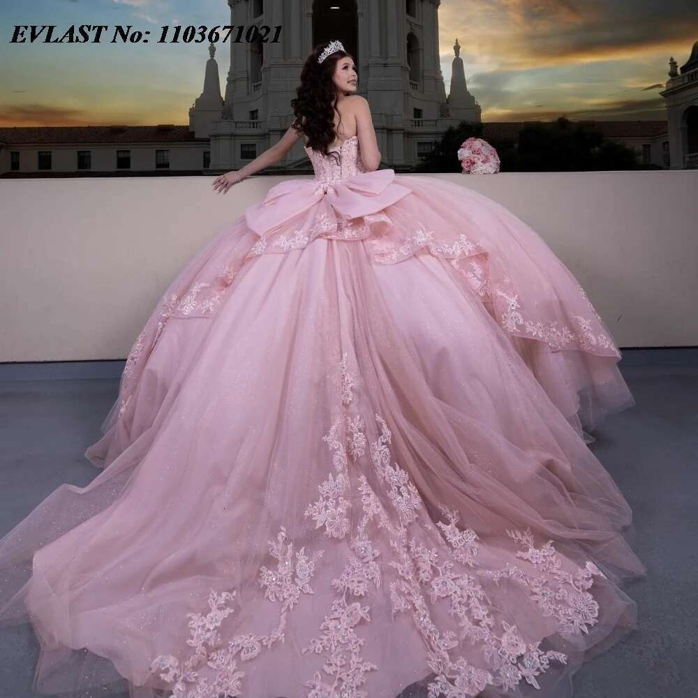 Evolt custom pink ral quinceanera layered ball dress lace appliques beads mexico sweet 16 dresses 15 years sq773
