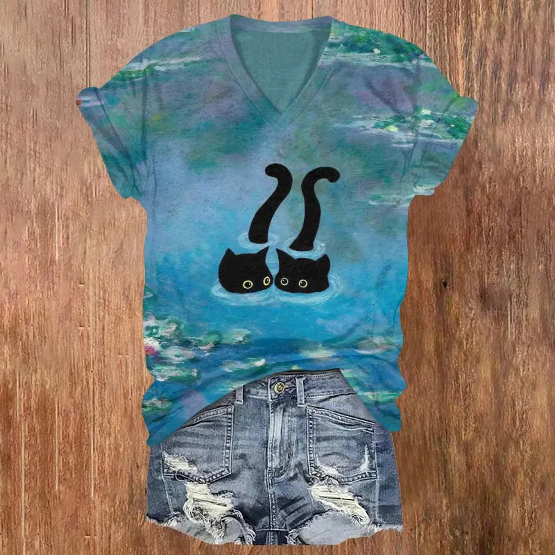 Hot Selling Printed Short Sleeved Style 3D Digital Cat Print Women's Clothing Simple V-Neck T-Shirt For Women