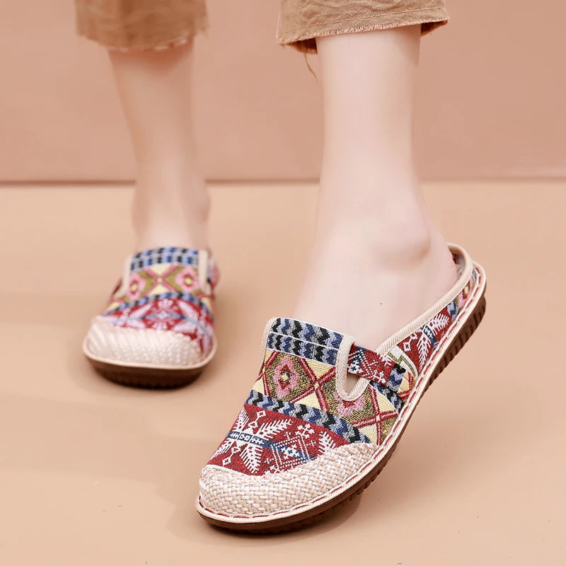 Fashion Womens Shoes Ethnic Style Embroidered Linen Breathable Outdoor Casual Slippers Shoes for Women 250314