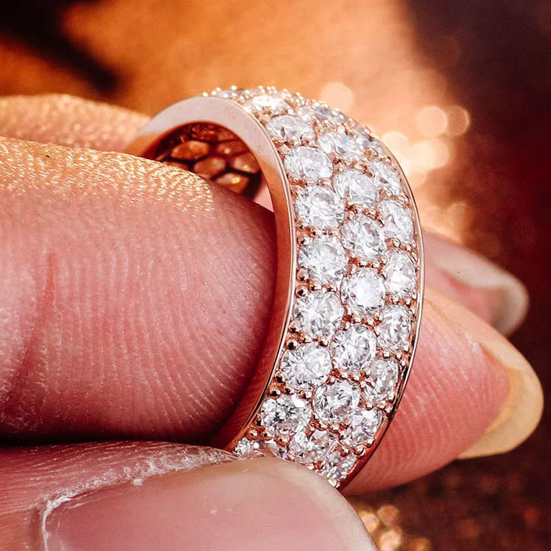 Silver Men Moissanite Band With D Color VVS Three Rows Stone Ice Out Round Brilliant Cut Loose Diamond Hip Hop Ring