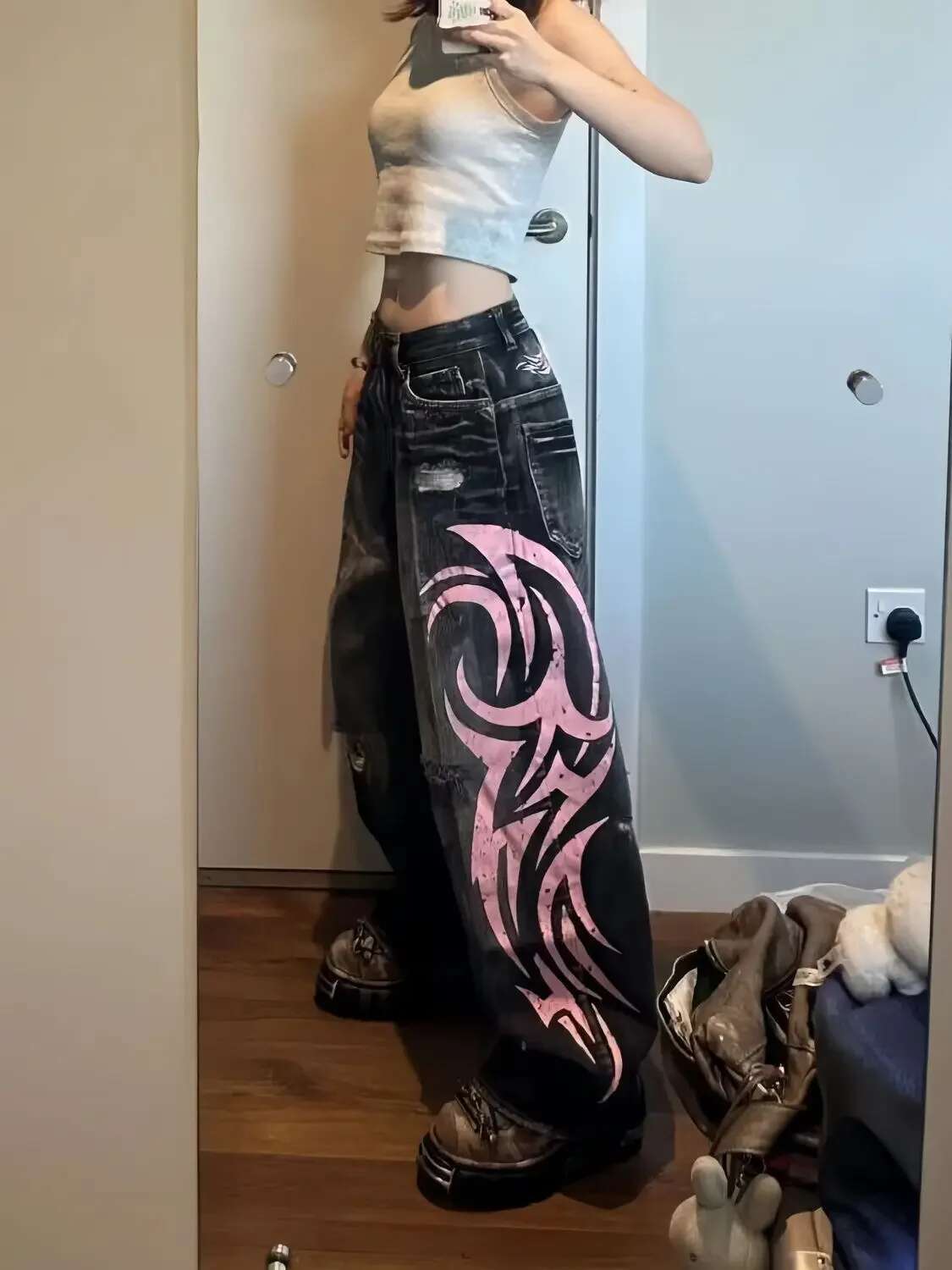 Y2k Streetwear Retro Mottled Totem Print Loose Women's American High-Waisted Wide-Leg Haruku Trendy Hip-Hop Jeans
